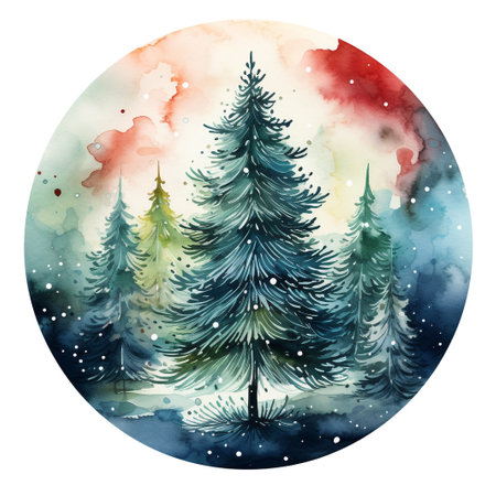 Watercolor winter landscape with fir trees and snowflakes. Vector illustration.の素材
