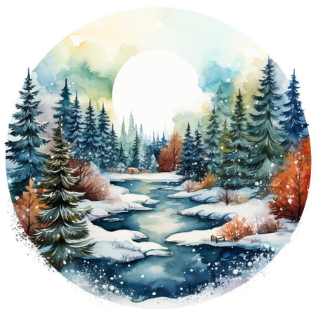 Winter landscape with river and forest. Watercolor illustration for your designの素材