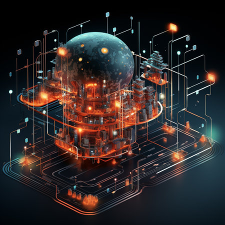 Abstract technology concept with circuit board and earth, 3d illustration.の素材