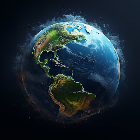 North America on planet Earth. 3D illustration with detailed planet surface and visible city lights.の素材
