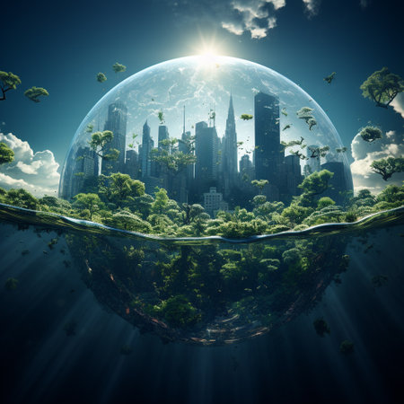 Ecology and environment concept. Earth planet floating in the air.の素材