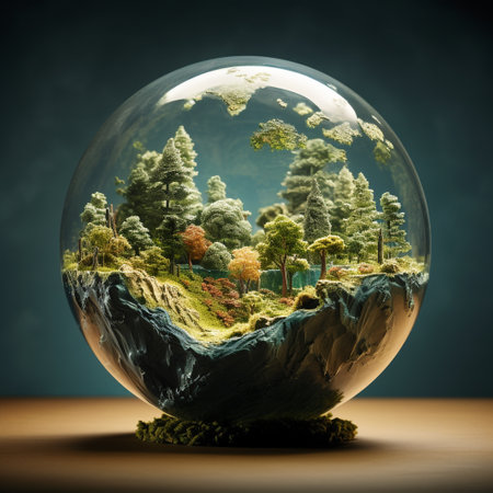 crystal ball with forest and trees in the middle on dark backgroundの素材