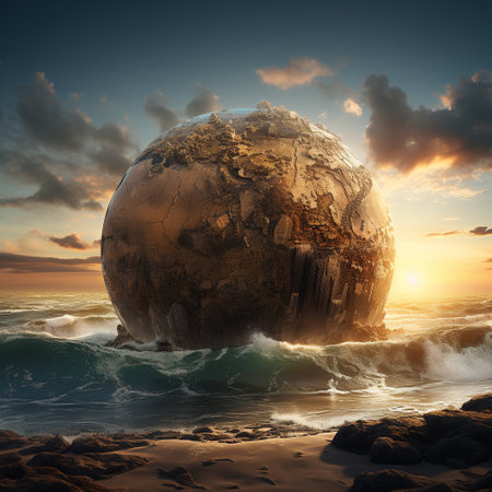 Conceptual image of broken planet on the beach at sunset.の素材