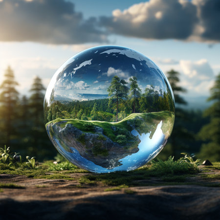 Glass globe with forest and blue sky background. 3d rendering.の素材