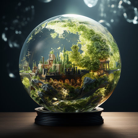 Fantasy landscape in a glass globe on wooden table. 3d renderingの素材
