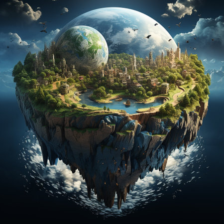Planet earth with fantasy landscape and flying birds. 3D illustration.の素材