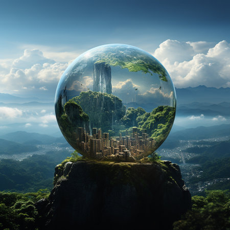 Glass sphere with green city and skyscrapers in the background.の素材