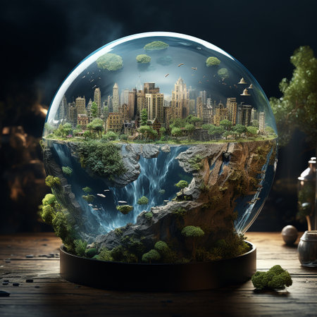 Miniature city in a glass globe on wooden background. 3d renderingの素材