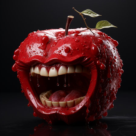 Funny red apple with mouth and teeth on a black background.の素材