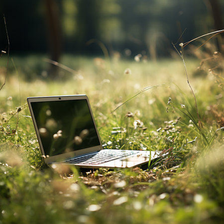 Laptop on the grass in the forest, shallow depth of fieldの素材