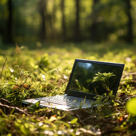 Laptop on the grass in the forest. Laptop in nature.の素材
