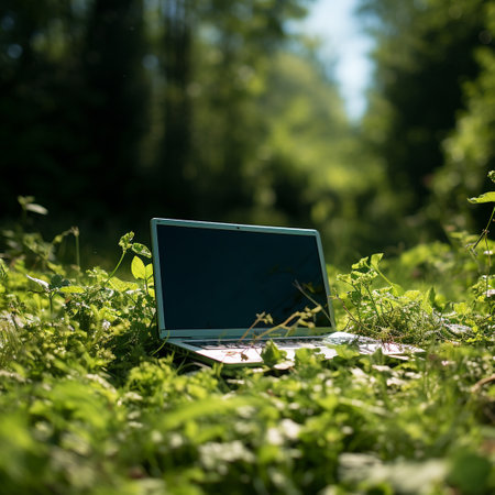 Laptop on the grass in the forest. Freelance workの素材