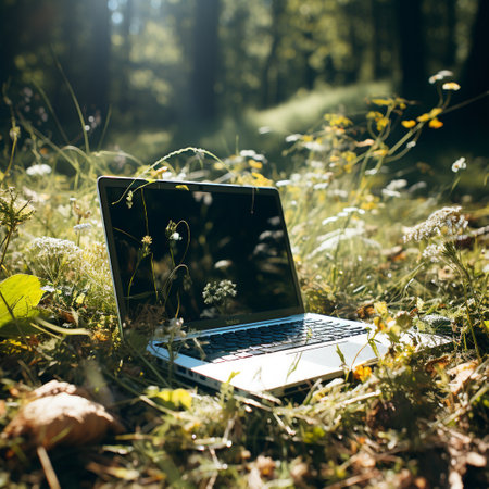 Laptop on the grass in the autumn forest. Freelance work.の素材