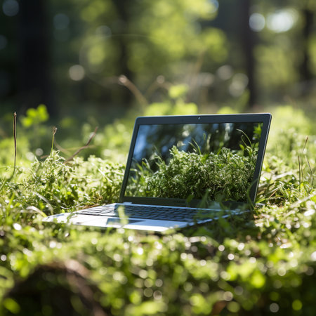 Laptop on the grass in the forest. Laptop in the forest.の素材