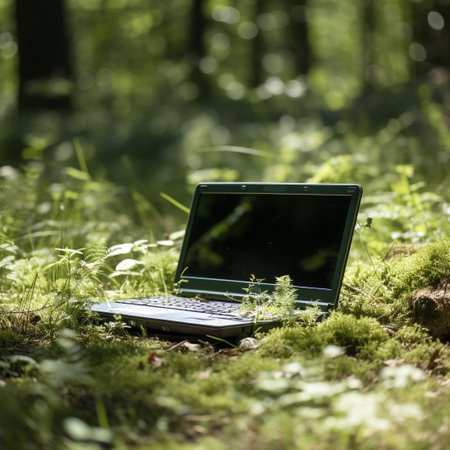 Laptop in the forest. Laptop in the summer forest.の素材