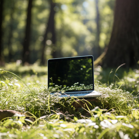 Laptop in the forest. Laptop on the grass in the forest.の素材