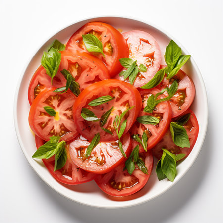 Tomato salad with basil and olive oil on white background, top viewの素材