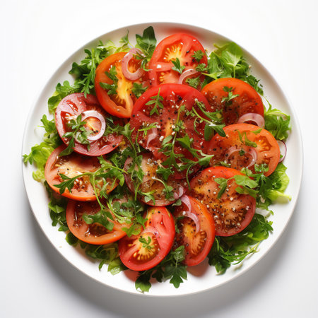 Salad with tomatoes, onion and parsley on a white backgroundの素材