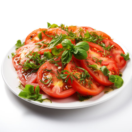 Tomato salad with basil and olive oil isolated on white background.の素材