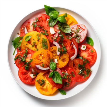 Tomato salad with basil, onion and feta cheese on white backgroundの素材
