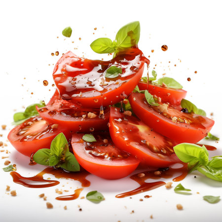 Sliced tomatoes with basil leaves and spices isolated on white backgroundの素材