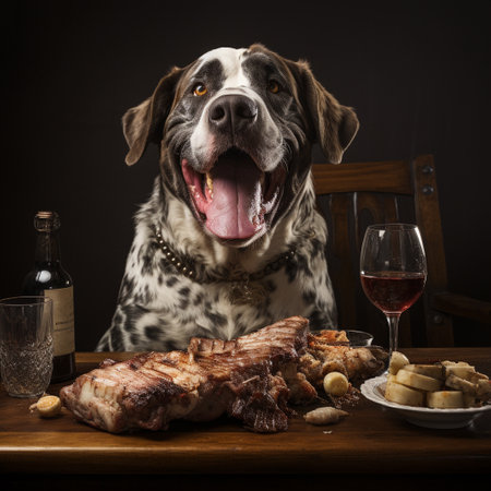 Dalmatian dog with steak and wine on a wooden tableの素材