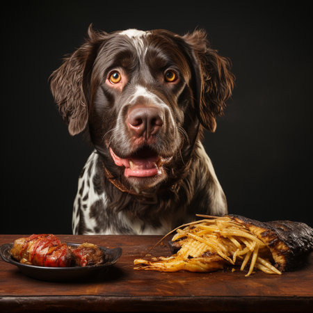 Studio portrait of a fried liver spaniel dog with french fries.の素材