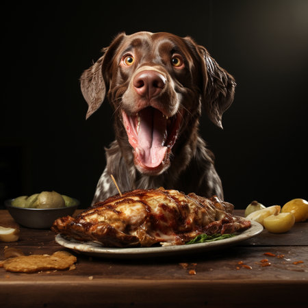 Cute brown dog with roast duck on wooden table over dark backgroundの素材