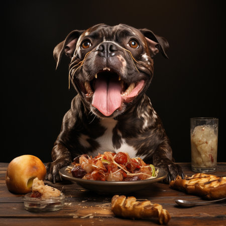 Cute funny dog with a plate of food on a dark backgroundの素材