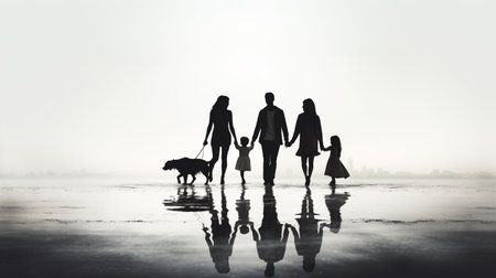 Family Walking Dog Togetherness Relaxation Holiday Concept. Silhouetteの素材