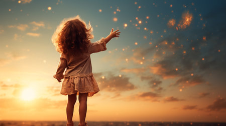 Little girl playing on the beach at sunset. Back view. Copy space.の素材