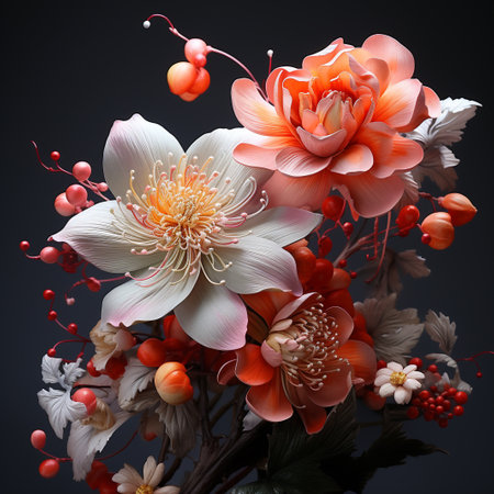 Beautiful bouquet of flowers on a dark background. Studio photography.の素材