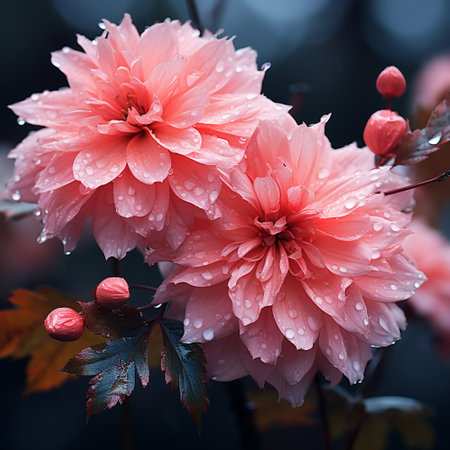 Beautiful pink dahlia flowers with water drops on a dark background.の素材