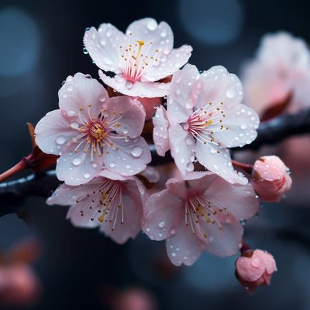 Beautiful cherry blossom with water drops on its petals.の素材