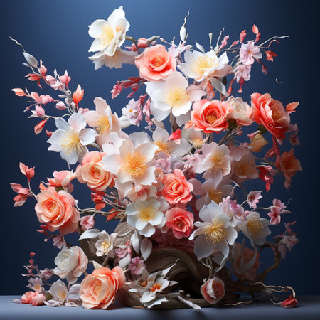 Bouquet of flowers in vase on a blue background.の素材