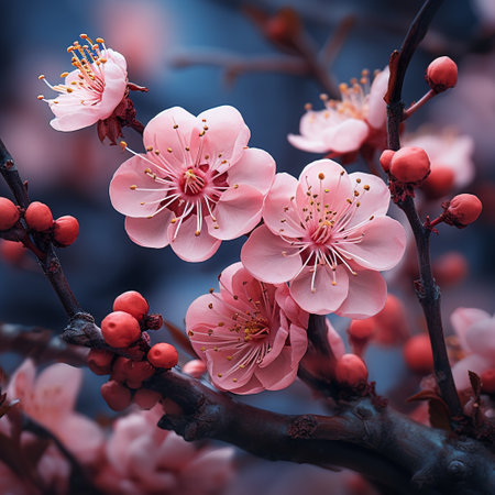 Beautiful blooming pink apricot tree branch in spring timeの素材
