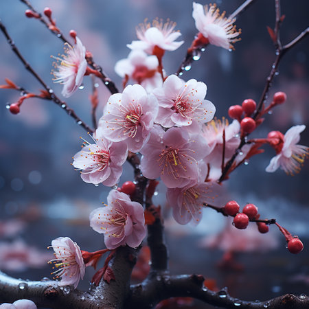 cherry blossom in the morning with water drops on the backgroundの素材