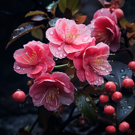 Beautiful pink sakura blossoms with raindrops on dark backgroundの素材
