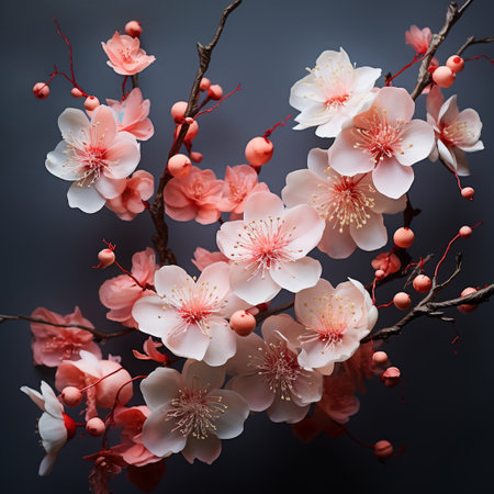 Plum blossom. Cherry blossom branch with pink flowers.の素材