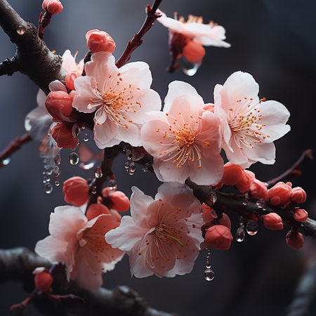 Apricot blossom with water drops. Beautiful blooming flowers in spring.の素材