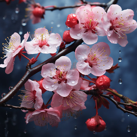Beautiful cherry blossoms on a dark blue background with raindropsの素材