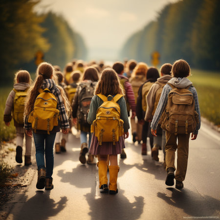 Back view of a group of children with backpacks walking on the roadの素材