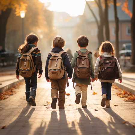 Back view of three kids with backpacks walking in the autumn parkの素材