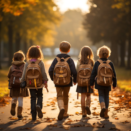 Back view of children with backpacks walking on path in autumn parkの素材