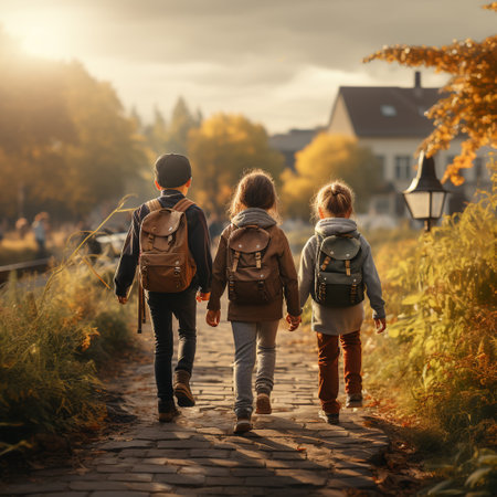 Back view of family of three with backpacks walking in autumn parkの素材