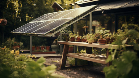 Greenhouse with solar panels. Alternative energy source. Selective focus.の素材