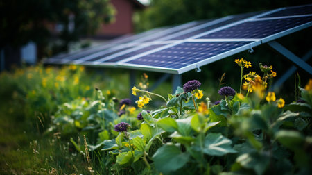 Solar panels and flowers in the garden. Alternative energy source. Selective focus.の素材
