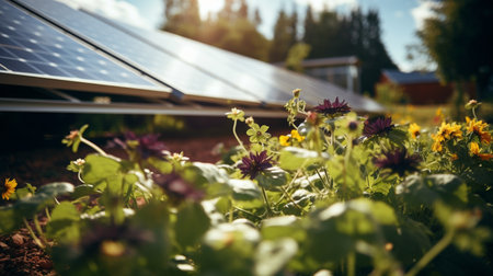 Photovoltaic panels and flowers in the garden. Alternative energy sourceの素材