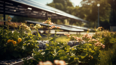 Greenhouse with blooming flowers and solar panels in the background.の素材