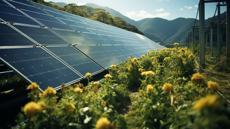 Solar panels and sunflowers in the countryside, closeup of photoの素材